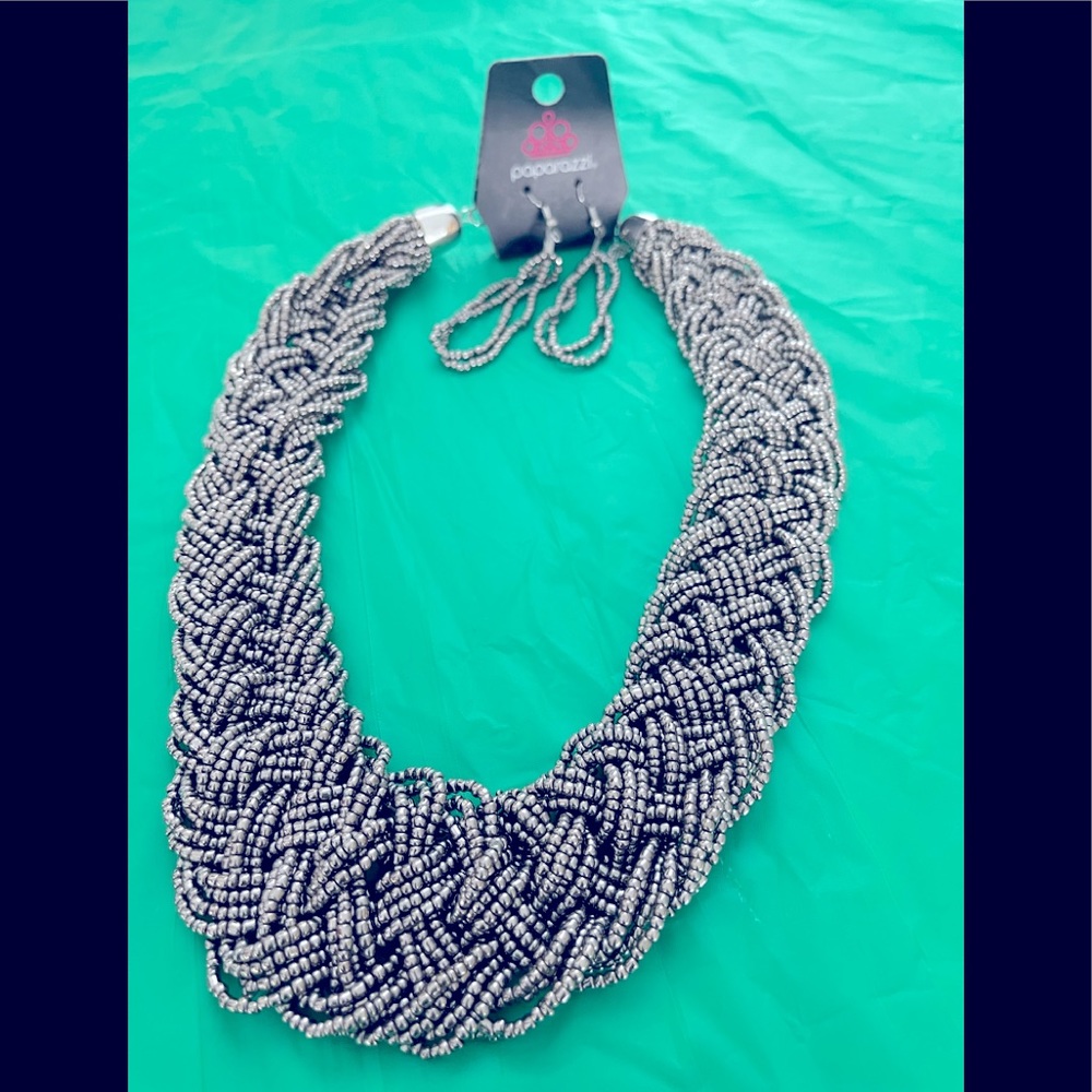 Silver/Grey braided necklace with earring set.